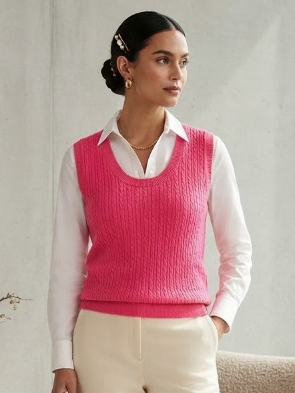 NWT Parkhurst M Pink Sleeveless Cable Knit Sweater Vest Barbiecore Tennis Prep